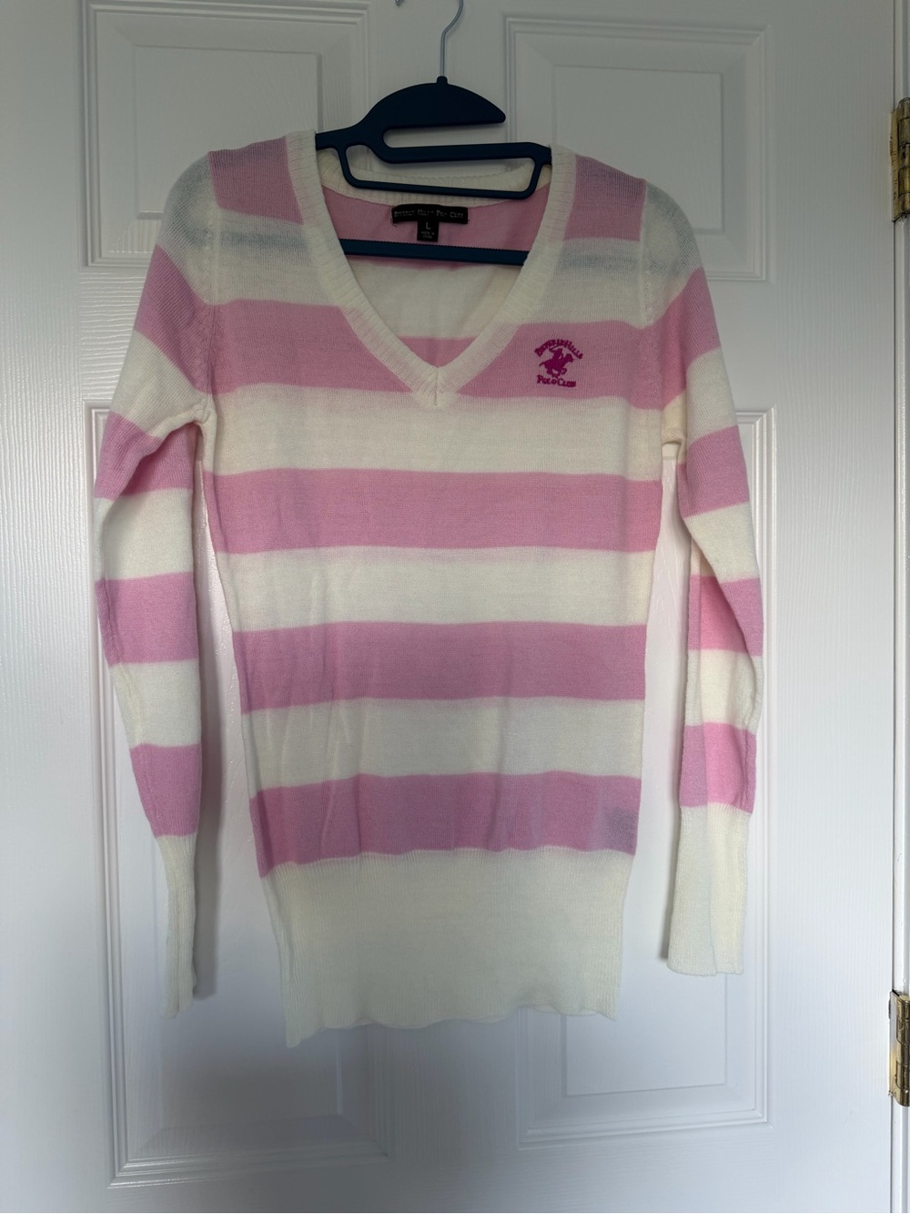 U.S. Polo Assn. Pink and White Striped V-Neck Sweater Size Large
